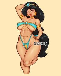 2019 aladdin arabian arm_up armlet armpit armpits belly belly_chain belly_dancer belly_dancer_outfit black_hair brown_eyes choker dancer dancer_outfit dark-skinned_female disney disney_princess earrings erect_nipples female_focus female_only g-string gold_jewelry hand_on_hip harem_girl harem_outfit headband headgear highleg_panties jakuson_z large_breasts leg_up long_hair navel navel_piercing necklace nipple_bulge one_leg_up pinup posing princess_jasmine red_lipstick seductive solo_female tubetop underboob voluptuous waist_chain wink