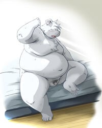 2010 4:5 anthro balls bed belly blush bodily_fluids fur furniture genitals kemono male male_only mammal monochrome_(series) moobs overweight overweight_anthro overweight_male penis polar_bear sitting solo sweat takagi_kyou ursid ursine white_body white_fur wight_bracken