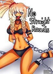 airiin220 bondage bra female female_only footwear gag kidnapped mayday_(no_straight_roads) mouth_gag no_straight_roads text underwear yellow_hair