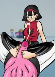 angry black_hair blue_eyes breasts clothed cum cumshot dragon_ball dragon_ball_super feet female foot_fetish footjob frown hyperbolic_time_chamber majin_buu monster penis sgtzdb_(artist) shiny shiny_skin toes unseen_male_face videl videl_(dragon_ball_super)