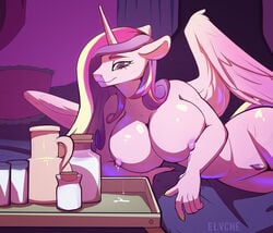 2020 alicorn anthro anthrofied big_breasts bodily_fluids breast_milking breasts digital_media_(artwork) elvche equid female friendship_is_magic hasbro hi_res horn lactating mammal milk my_little_pony princess_cadance_(mlp) solo wings