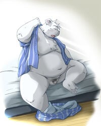 2010 4:5 anthro balls bed belly blush bodily_fluids clothed clothing flaccid fur furniture genitals kemono male male_only mammal monochrome_(series) moobs open_clothing open_shirt open_topwear overweight overweight_anthro overweight_male penis polar_bear shirt sitting solo sweat takagi_kyou topwear underwear ursid ursine white_body white_fur wight_bracken