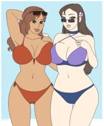 2girls asymmetrical_docking athorment athorment_oc big_breasts bikini bikini_bottom bikini_top blackcarrot1129_oc blush brown_eyes brown_hair brown_skin cleavage evelyn_(athorment) evelyn_(athorment)_(female) interracial latina long_hair looking_at_viewer original pinup smile sunglasses sunglasses_on_head swimsuit thick_thighs valerie_(blackcarrot1129) wide_hips