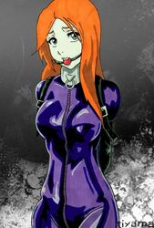 1girls arms_behind_back ball_gag bleach bodysuit bondage bondage_gear choker collar female_only gag gagged grey_eyes inoue_orihime large_breasts latex long_hair looking_at_viewer orange_hair pale_skin tiyama traditional_media_(artwork)