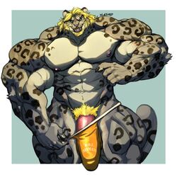 1:1 2020 abs anthro barazoku beard biceps big_muscles big_penis blonde_hair clothed clothing english_text erection erection_under_clothing facial_hair felid fur genitals hair huge_cock huge_muscles humanoid_genitalia humanoid_penis hyper hyper_muscles leopard looking_at_viewer male male_only mammal muscular muscular_anthro muscular_male navel nipples oldshep open_mouth open_smile pantherine pecs penis pubes quads smile solo spots spotted_body standing teeth text text_on_clothing thong tongue underwear vein veiny_muscles yellow_body yellow_fur