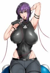 bare_arms bare_shoulders bodysuit breasts cable cyberpunk cyborg fei_(maidoll) female female_protagonist ghost_in_the_shell ghost_in_the_shell_sac_2045 gloves kusanagi_motoko large_breasts lips looking_at_viewer parted_lips purple_hair red_eyes science_fiction short_hair tachikoma white_background