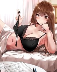 big_breasts black_bra blush bra inviting large_breasts mole_on_breast panties panties_removed take_(trude1945oneetyan) towel underwear