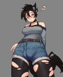 1futa ? animal_ears big_penis black_hair breasts bulge choker clothed clothing cowboy_shot dickgirl dog_girl fully_clothed futa_only futanari humanoid humanoid_penis kemonomimi looking_at_viewer orange_eyes penis_under_clothes pov shorts simple_background skindentation solo solo_futa stockings tail thighhighs three-quarter_portrait todding torn_clothes torn_clothing