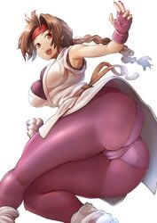 art_of_fighting ass belt big_breasts big_butt blue_gloves brown_eyebrows brown_eyes brown_hair eyebrows eyelashes female fingerless_gloves fingers gloves headband japanese king_of_fighters light-skinned_female looking_at_viewer open_mouth panties pantylines pussy red_headband see-through simple_background skirt smile smiling smiling_at_viewer snk socks solo solo_female solo_focus sowel_(sk3) spandex spandex_pants teeth thick_thighs vagina white_background white_panties white_socks yellow_belt yuri_sakazaki