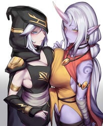 1futa 2girls ashe_(league_of_legends) big_breasts big_penis black_eyebrows blue_eyes blush bottomless breast_press breast_to_breast breasts breasts_touching cleavage closed_mouth clothed clothed_female dickgirl earrings erection erection_under_clothes female futa_with_female futanari hood horn huge_breasts huge_cock intersex kumiko_(aleron) large_breasts large_penis league_of_legends lesbian long_hair nervous no_panties pale-skinned_female pale_skin penis_peek pointy_ears ponytail purple_penis purple_skin shibakumiko side_view simple_background soraka standing tattoo very_long_hair white_hair yellow_eyes