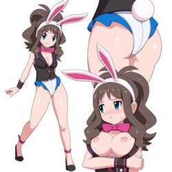 1girls areolae ass big_ass big_breasts blush brown_hair bunny_ears bunny_tail bunnysuit female hilda_(pokemon) long_hair nintendo nipples pale-skinned_female pale_skin pokemon pokemon_bw ponytail thick_thighs thighs wasabi_joyu white_background