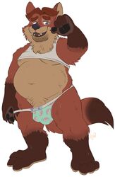 2020 anthro belly big_belly blue_eyes bodily_fluids brown_body brown_fur brown_hair bulge canid canine clothing disney fox fur genitals gideon_grey hair hi_res looking_at_viewer male male_only mammal moobs navel nipples orange_body orange_fur overweight overweight_anthro overweight_male pawpads penis penis_base plantigrade shirt solo sweat tank_top tight_clothing topwear underwear xtbidx zootopia