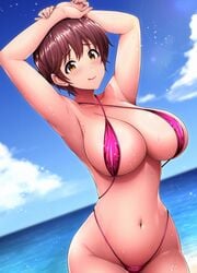 1girls beach big_breasts bikini female female_focus female_only idolmaster micro_bikini oikawa_shizuku sea shizuku_oikawa short_hair solo solo_focus umasan