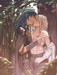 2girls byleth_(fire_emblem) byleth_(fire_emblem)_(female) closed_eyes edelgard_von_hresvelg female female_only fire_emblem fire_emblem:_three_houses fire_emblem_heroes human human_only kiss kissing medium_hair multiple_girls nintendo outdoors radiostarkiller teal_hair undressing white_hair wholesome yuri