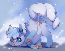 2020 3_toes alolan_vulpix ass ass_up blue_body blue_eyes blue_fur blush bodily_fluids castitas digital_media_(artwork) english_text feet female feral fur genital_fluids genitals looking_at_viewer lying multi_tail multicolored_body multicolored_fur nintendo on_front pawpads paws pokemon pokemon_(species) pouting pussy pussy_juice pussy_juice_on_tail pussy_juice_string raised_tail regional_form_(pokémon) simple_background snow snowing solo spread_legs spreading text toes video_games vulpix white_body white_fur