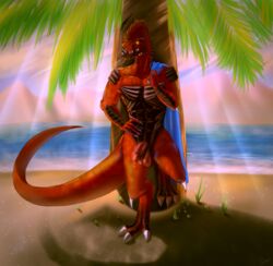 anthro balls beach bodily_fluids darekunslaad flaccid foreskin genital_fluids genitals happy hi_res humanoid_genitalia humanoid_penis lizard_(divinity) looking_at_viewer male male_only partially_retracted_foreskin penis pose precum precum_string scalie seaside solo standing the_red_prince towel_on_shoulder uncut video_games