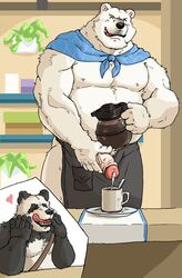 2020 anthro apron belly beverage black_body black_fur blush bodily_fluids closed_eyes clothing coffee cum duo fur genital_fluids genitals giant_panda hi_res humanoid_genitalia humanoid_hands humanoid_penis iced_latte_with_breast_milk iced_latte_with_dick_milk kemono male male/male mammal musclegut overweight overweight_male panda-kun penis polar_bear shirokuma shirokuma_cafe tongue tongue_out ursid ursine white_body white_fur 馬賽克