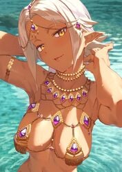 1girls dark-skinned_female dark_elf female female_only gold_eyes jewelry jewelry_only kinta_(distortion) large_breasts looking_at_viewer lots_of_jewelry naked_jewelry natigal ocean original seaside smile venus_bikini water wet white_hair yellow_eyes