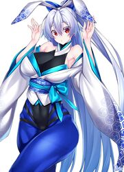 bunny_ears bunny_girl curvy fate/grand_order fate_(series) hair_ribbon huge_breasts kimono large_breasts long_hair looking_at_viewer red_eyes silver_hair tomoe_gozen_(fate) watosu_(watosu_mama)