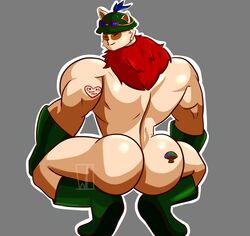 1boy anthro ass ass_focus big_muscles boots broly_culo butt_focus closed_eyes crouching eyewear footwear fungus furry glistening glistening_body glistening_butt gloves goggles green_boots green_clothing green_footwear green_gloves green_hat green_headwear grey_background handwear hat headgear headwear highres league_of_legends looking_back male male_only meme minwoo muscular muscular_anthro muscular_male mushroom nude riot_games simple_background smile solo spread_legs spreading tattoo teemo yordle