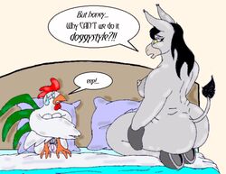 anthro asinus ass avian big_butt bird bodily_fluids breasts chicken dialogue donkey duo embarrassed equid equine female furry galliform gallus_(genus) genitals humiliation humor male mammal osiris penis phasianid small_penis small_penis_humiliation straight sweat sweatdrop