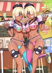 2girls beret big_breasts bikini black_hair blonde_hair blue_eyes breast_press breasts crop_top dark-skinned_female dark_skin egg employee_uniform eyepatch_bikini fast_food_uniform female female_only food french_fries garter_belt garter_straps gyaru hamburger hat highres kuro_gyaru large_breasts micro_bikini miyamoto_issa multicolored_hair multiple_girls navel open_mouth original shoes short_hair siblings smile sneakers standing stomach swimsuit swimsuit_under_clothes teeth thighhighs twins two-tone_hair uniform waitress