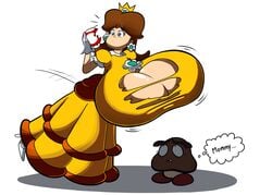 1girls 1other ambiguous_gender blacksen blue_eyes breast_expansion breasts brown_hair clothing crown dress earrings english_text expansion female female_focus full_body goomba looking_at_breasts looking_up mario_(series) nintendo princess_daisy ripped_clothing shadow simple_background standing super_mario_bros. super_mushroom text thought_bubble torn_clothes white_background yellow_dress