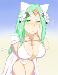 1girls bare_legs big_breasts bikini blush blush cat_ears cat_tail cleavage female fire_emblem fire_emblem:_three_houses fire_emblem_heroes green_hair large_breasts long_hair looking_at_viewer nintendo rhea_(fire_emblem) solo solo_female swimsuit toruchi white_bikini white_swimsuit