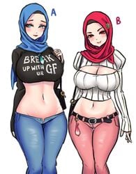 2girls arabian blue_eyes condom crop_top daughter filled_condom fit hijab long_sleeves midriff midriff_baring_shirt mother mother_and_daughter multiple_girls navel none_(artist) red_eyes take_your_pick thigh_gap used_condom wearing_condom