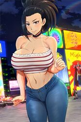 big_breasts bimbo cleavage clothed_female female female_focus female_only huge_breasts jeans krabby_(artist) long_hair midriff momo_yaoyorozu my_hero_academia solo solo_female solo_focus tanline wide_hips