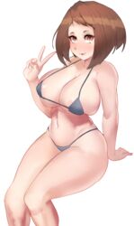 1girls big_breasts bikini blush brown_eyes brown_hair civildreams eye_contact female female_only large_breasts looking_at_viewer medium_hair micro_bikini my_hero_academia ochako_uraraka pale-skinned_female pale_skin solo thick_thighs thighs thong white_background wide_hips