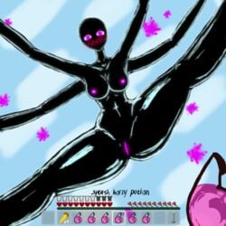 1girls 4_arms black_skin dark_skin enderman enderwoman female looking_at_viewer minecraft multi_arm multi_limb mutant mutant_enderman potion pov purple_eyes purple_pussy spread_legs wonderloh1