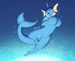 absurd_res anthro anthrofied belly big_breasts breasts bubble colored eeveelution female firstletterj genitals hi_res holding_breast light line_art navel nintendo nude pokémon_(species) pokémorph pokemon pussy shaded signature simple_background slightly_chubby smile solo sunlight vaporeon video_games water