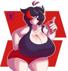 :3 abstract_background black_hair booty_shorts breasts cleavage huge_ass hyper hyper_breasts juandelcoyote.inc narrowed_eyes red_highlights short_hair smug smug_face soda_can tank_top transparent_background