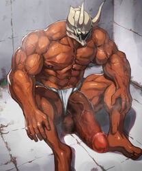 1boy abs censored dokichi energy_camdy gay helmet hyper hyper_balls hyper_genitalia hyper_penis looking_at_viewer looking_down looking_pleasured male male_only mask masked masked_male muscles muscular_male solo solo_focus solo_male sweat tan_skin vein veins veiny_penis