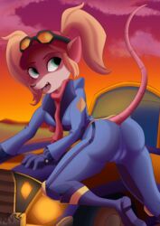 absurd_res activision anthro ass cameltoe clothing crash_bandicoot_(series) eyewear female frommarstomercury goggles hair hat headgear headwear hi_res mammal marsupial pasadena_o'possum phalangeriform ponytail scarf smile solo sunset teasing turning video_games