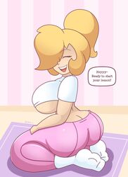 1girls ass ass_cleavage big_ass big_breasts blonde_hair bubble_butt butt_crack cute daisy-pink71 daisy_(daisy-pink71) eyes_closed feet female female_only happy huge_breasts open_mouth pawg round_ass sitting smile socks solo text thick_thighs thighs thin_waist yoga_pants