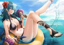 1girls bare_legs bikini black_bikini black_footwear black_swimsuit blue_eyes byleth_(fire_emblem) byleth_(fire_emblem)_(female) byleth_(summer)_(fire_emblem)_(female) expulse fire_emblem fire_emblem:_three_houses fire_emblem_heroes flower flower_in_hair high_heels innertube large_breasts lips looking_at_viewer nintendo red_flower sandals sideboob solo swimsuit teal_hair