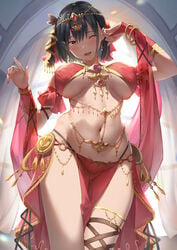 arabian_clothes belly belly_dancer belly_dancer_outfit black_hair dancer dancer_outfit erect_nipples harem_outfit large_breasts loincloth looking_at_viewer looking_down lots_of_jewelry navel original pink_eyes suzuame_yatsumi underboob view_from_below wink