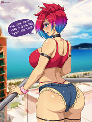 1girls ass big_ass big_breasts blue_eyes blush choker earrings faye_(frenxir) female female_only frenxir huge_ass large_breasts minishorts original pale-skinned_female pale_skin red_hair shorts solo speech_bubble text thick_thighs two_tone_hair