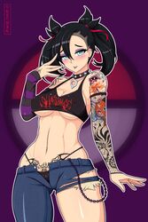 1girls black_hair blush collar earrings female frenxir goth green_eyes hair_ribbon heart-shaped_pupils marnie_(pokemon) nintendo pale-skinned_female pale_skin piercing pokemon pokemon_ss short_hair solo tattoo thick_thighs thighs twintails