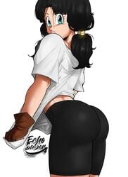 1girls ass big_ass big_butt black_hair blue_eyes bubble_butt butt_crack_outline dragon_ball dragon_ball_z echosaber fully_clothed short_shorts shorts shounen_jump spandex spandex_shorts thick_thighs thighs twintails videl white_background