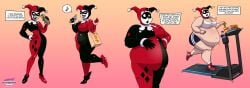 1girls batman:_the_animated_series batman_(series) belly big_belly big_breasts blue_eyes cleavage dc dc_comics dialogue exercise fat female female_only food hand_on_belly harley_quinn harley_quinn_(classic) large_belly large_breasts obese overweight sequence skintight solo stretch_marks sweat text thick_thighs thighs treadmill weight_gain xmasterdavid