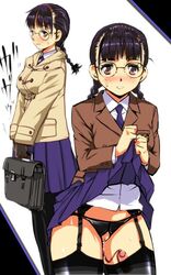 bangs black_hair blazer blunt_bangs blush braid breasts brown_eyes coat commentary_request crotchless crotchless_panties egg_vibrator female freckles garter_belt garter_straps glasses jacket kamisimo_90 looking_at_viewer medium_breasts multiple_views necktie original panties plain_girl_(yuya) pleated_skirt presenting pussy school_uniform sex_toy skirt skirt_lift smile sweat thighhighs twin_braids underwear vibrator vibrator_in_thighhighs