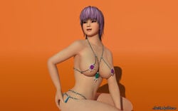 1girls 3d ayane_(doa) dead_or_alive large_breasts lullabysiren65 purple_hair red_eyes revealing_swimsuit short_hair skimpy_bikini solo venus_bikini