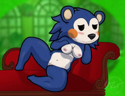 absurd_res animal_crossing anthro blue_body blue_fur cazinkwolf eulipotyphlan female fur furniture genitals green_background hedgehog hi_res looking_pleasured mabel_able mammal nintendo nipples nude pink_nipples simple_background sofa solo video_games