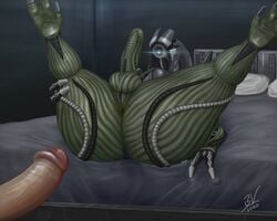 5:4 absurd_res alien anthro anus balls bed big_ass brouva duo erection faceless_male furniture genitals geth hi_res human humanoid legion_(mass_effect) legs_up looking_at_genitalia lying machine male male/male mammal mass_effect on_back penis robot spread_legs spreading video_games