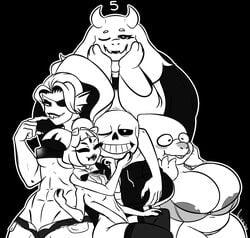 1boy 2_fingers 4girls 5_eyes 6_arms abs accessory alphys animated_skeleton anthro arachnid areola areola_slip arm_around_shoulders arthropod ass athletic athletic_female barely_visible_genitalia barely_visible_pussy belly bent_over big_breasts big_butt bite biting_lip black_sclera blush bone boss_monster bottomless bottomwear bovid bow_tie bra breasts buckteeth caprine chubby_female claws cleavage cleavage_overflow clothed clothing crop_top empty_eyes eye_patch eyewear fangs female fin fingers fish fully_clothed genitals glasses goat grin group hair hair_accessory hair_ribbon hairbow hand_on_face harem head_fin hi_res hoodie hotpants huge_breasts huge_butt huge_hips larger_female legwear lipstick lizard looking_at_another looking_at_partner makeup male mammal marine mascara minishorts monochrome mostly_nude muffet multi_arm multi_eye multi_limb navel nipple_outline nipples non-mammal_breasts one_eye_closed overweight overweight_female partially_clothed paws pierump ponytail pussy reptile ribbons robe sans scalie sharp_teeth shirt short_hair shorts shortstack signature simple_background size_difference skeleton slightly_chubby small_breasts smaller_male smile spider squish standing straight sweatshirt teeth thick_thighs thigh_highs thigh_squish topwear toriel twintails undead under_boob undertale underwear undyne video_games wavy_mouth wide_hips zipper_down