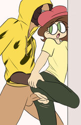 1boy 1boy1girl against_wall allennilsen_(editor) balls beret brown_hair curly_hair edit faceless_male female female_penetrated glasses green_eyes half-dressed holding_leg human interracial leggings male_penetrating male_penetrating_female okusheny sex straight sweatshirt torn_clothes torn_legwear vaginal_penetration youtube_hispanic