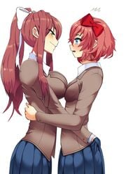 2girls ass_grab ass_grab_under_clothes before_sex blue_eyes blue_skirt blush boobs bow breast_press breast_size_difference breasts breasts_pressed_together brown_hair doki_doki_literature_club domination dominatrix embarrassed female_only female_pervert femdom flustered green_eyes hair_ribbon hand_on_ass hug hugging large_breasts medium_ass medium_breasts medium_hair monika_(doki_doki_literature_club) naughty_face pink_hair ponytail red_bow ribbon sayori_(doki_doki_literature_club) school_uniform schoolgirl short_hair simple_background size_difference skirt smile smug strawberry_blonde_hair submissive_female sweat tease teasing white_ribbon yuri